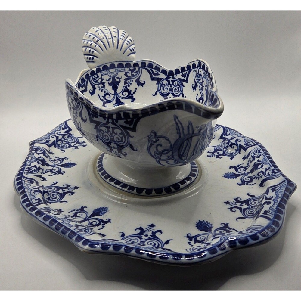 Creil Montereau Flora Sauce Boat Gravy Blue White French Antique Patina Flaws